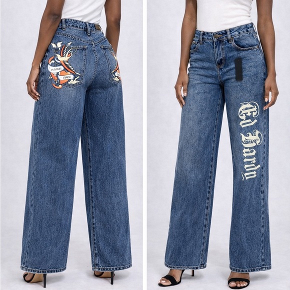 Ed Hardy Denim - Ed Hardy Blue Women Jeans with Colorful Tattoo Design